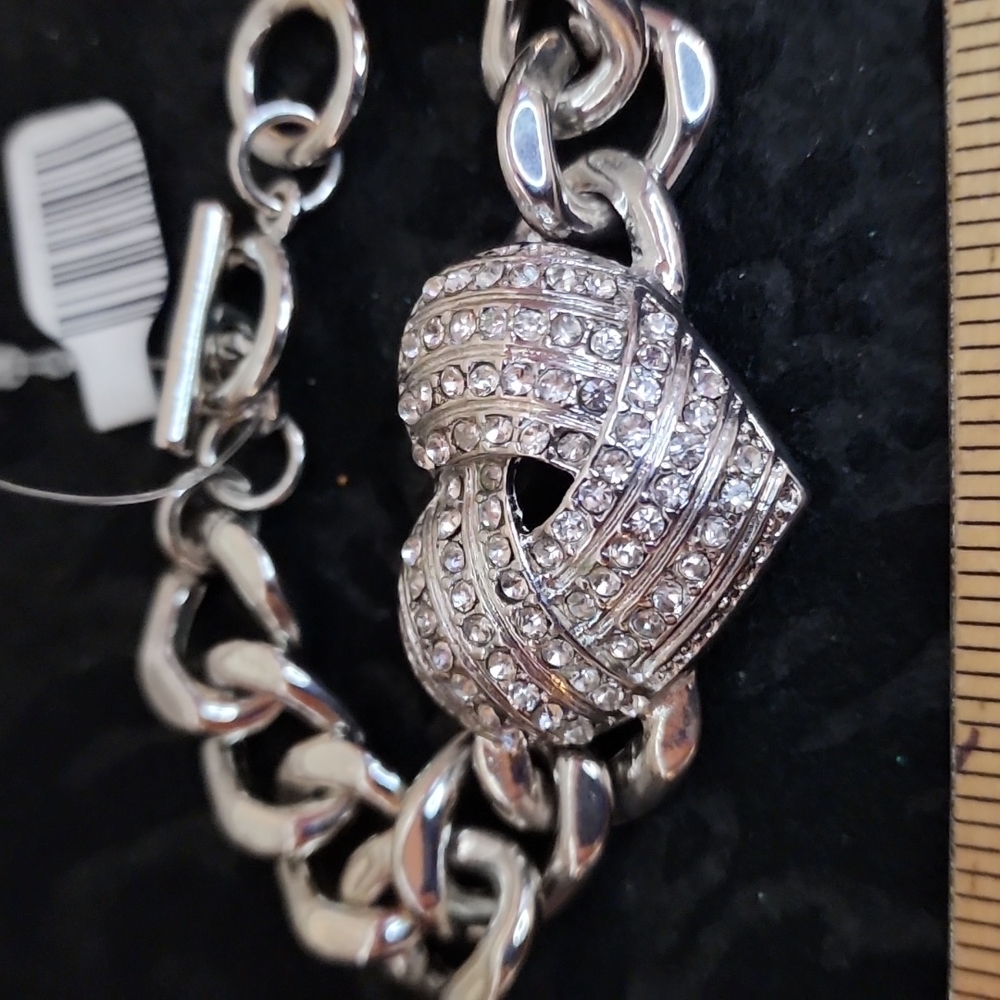 Silver-toned chain link Bracelet with Rhinestone Heart.